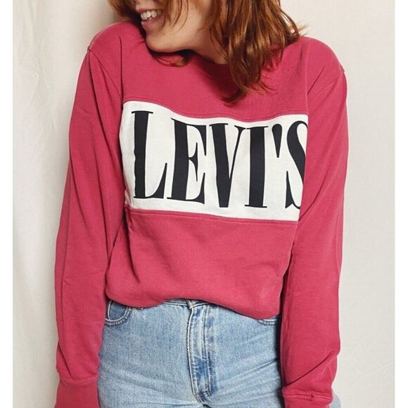 Levis Retro Crew Pullover Men Sz M Faded Red Colorblock Spellout Logo Sweatshirt - Picture 2 of 12